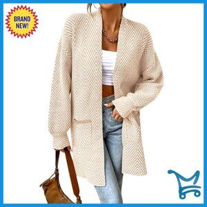 Chunky Knit Chevron Cardigan Open Front Cozy Fall Sweater Long Sleeve